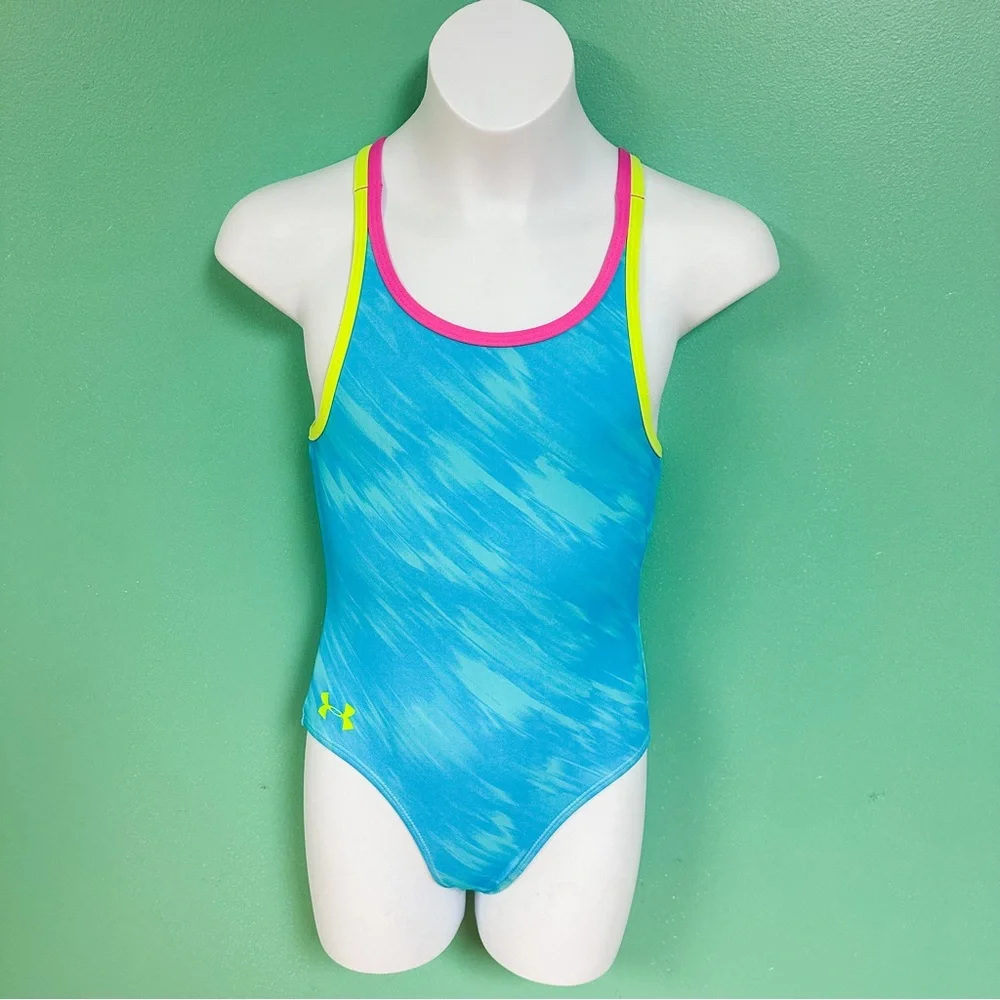 Under Armour Neon Blue Yellow & Pink Double Racerback One Piece Swimsuit Size 7
